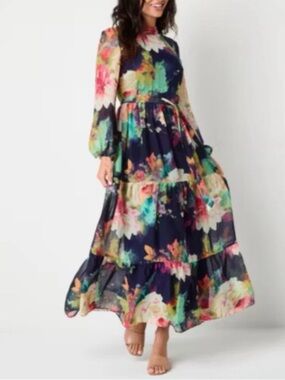 Melonie Womens Navy Floral Chiffon Long Sleeve Maxi Dress Size 6P Wedding